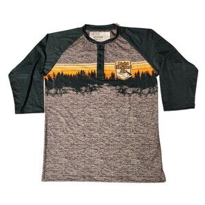 Bells Beer Shirt Light Hearted Ale 3/4 Sleeve Henley Green/Gray Polyester Mens M